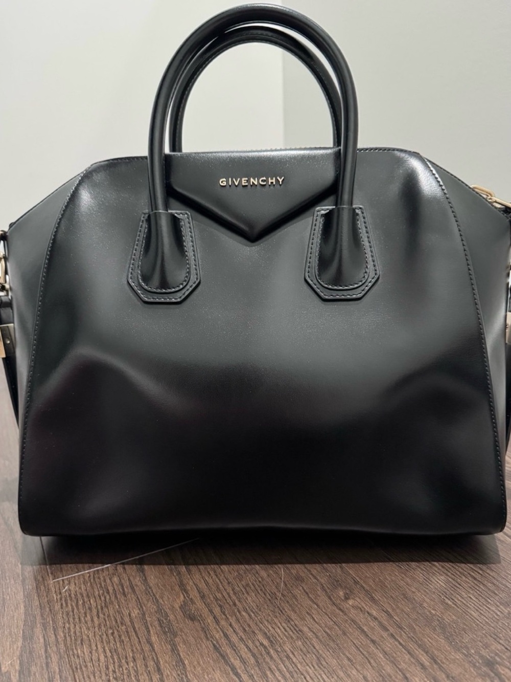 Givenchy Black Smooth Leather Antigona-Style Satchel with Top Handles & Gold H